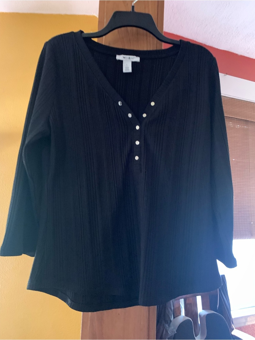 White House Black Market Black Ribbed Long-Sleeve Henley Top